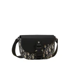 Oblique Jacquard Grained Calfskin Saddle Pouch With Strap Beige Black