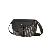 Oblique Jacquard Grained Calfskin Saddle Pouch With Strap Beige Black