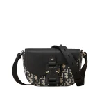 Oblique Jacquard Grained Calfskin Saddle Pouch With Strap Beige Black