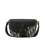 Oblique Jacquard Grained Calfskin Saddle Pouch With Strap Beige Black